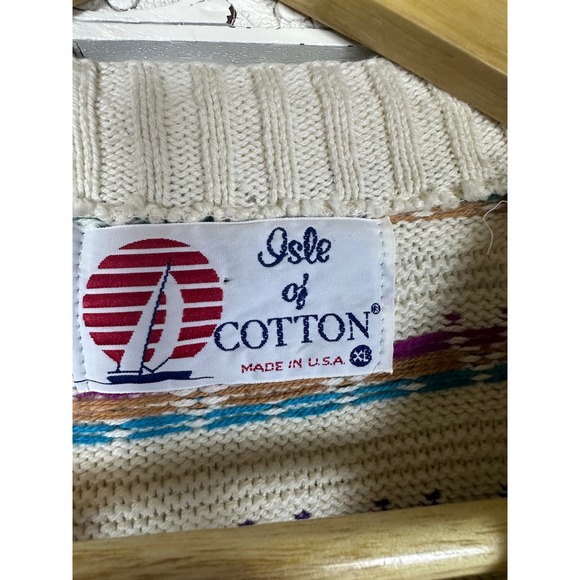 Vtg Isle Of Cotton Cream Colorful Geometric Retro Grandpa Sweater Sz XL Fits L - Picture 7 of 8